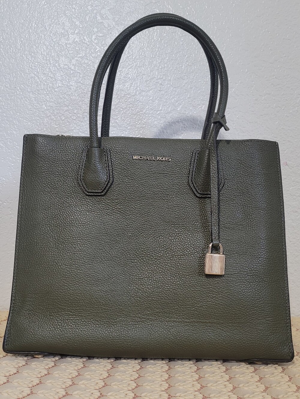 Michael Kors Accordion Dark Olive Green Leather Pebble Tote Double Handle Bag